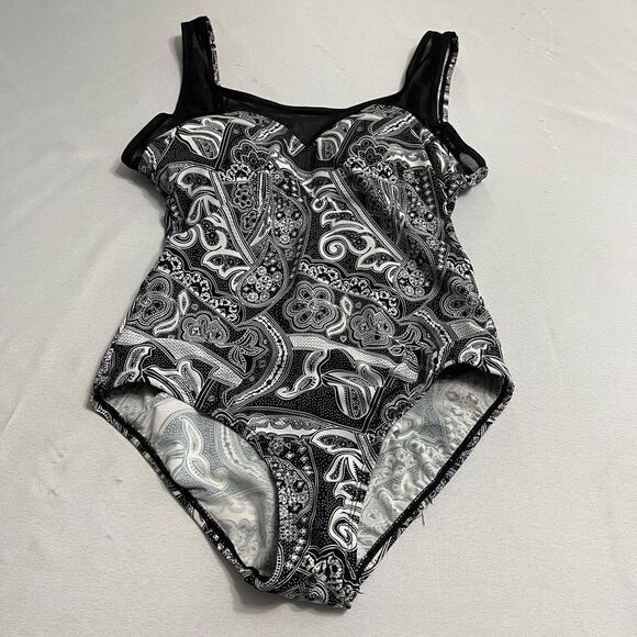 Shore Shapes Black White Paisley One Piece Swimsuit Bathing Suit Size 12 - Picture 1 of 8